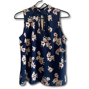 E Hanger M Women’s Blue Floral Summer Casual Sleeveless Keyhole Top Size S